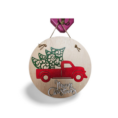 Decoratiune Craciun Lemn "Merry Christmas" cu Brad si Pickup