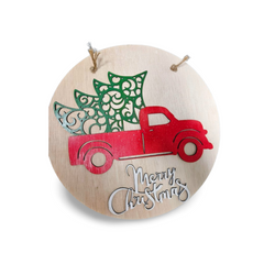 Decoratiune Craciun Lemn "Merry Christmas" cu Brad si Pickup