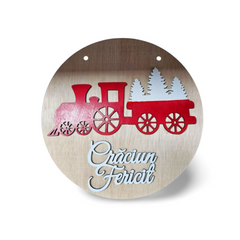 Decorațiune de Crăciun din Lemn – "Crăciun Fericit" cu Trenuleț și Brazi – Ø 40 cm