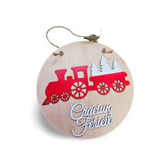Decorațiune de Crăciun din Lemn – "Crăciun Fericit" cu Trenuleț și Brazi – Ø 40 cm