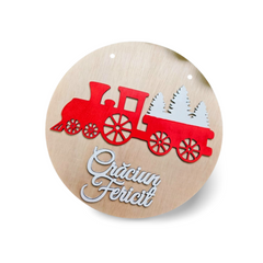 Decorațiune de Crăciun din Lemn – "Crăciun Fericit" cu Trenuleț și Brazi – Ø 40 cm