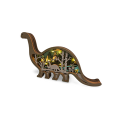 Decorațiune Luminoasă din Lemn – Dinozaur cu Peisaj Preistoric