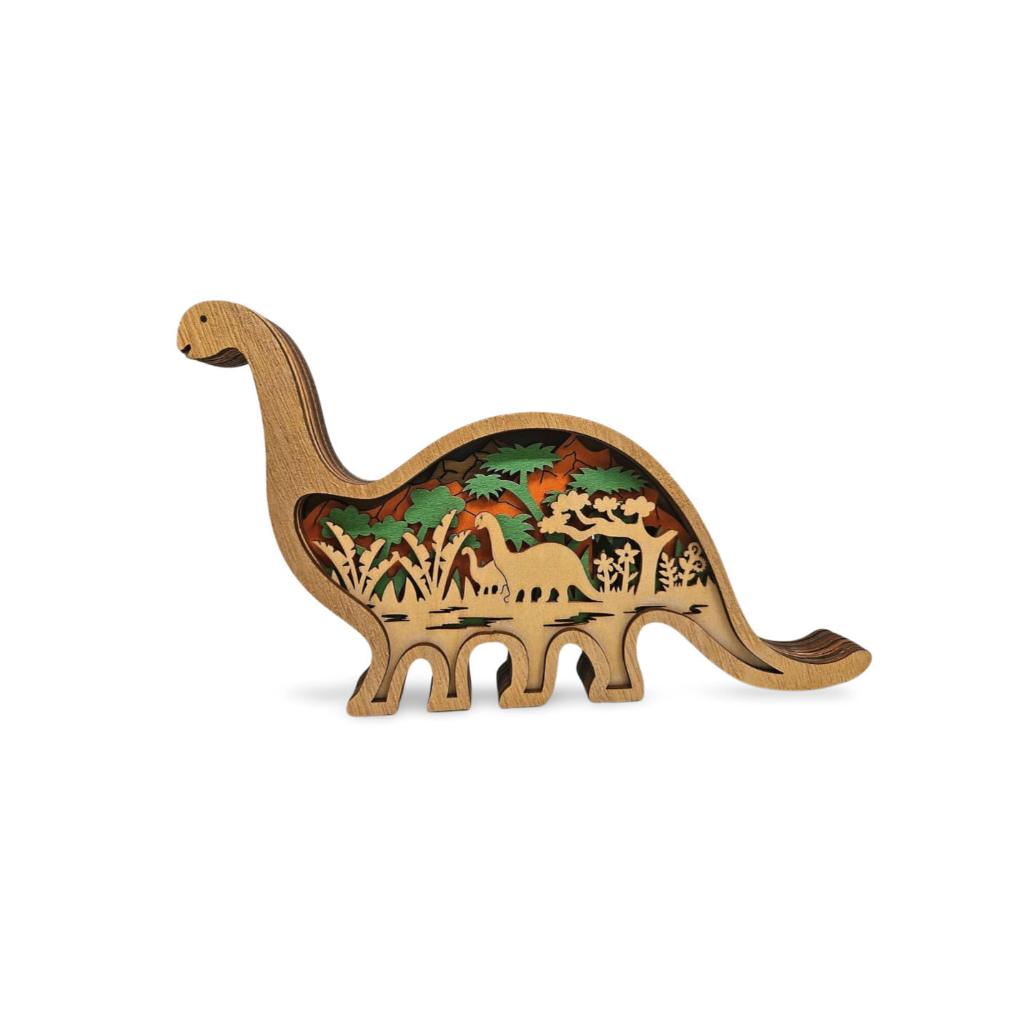 Decorațiune din Lemn – Dinozaur cu Peisaj Preistoric