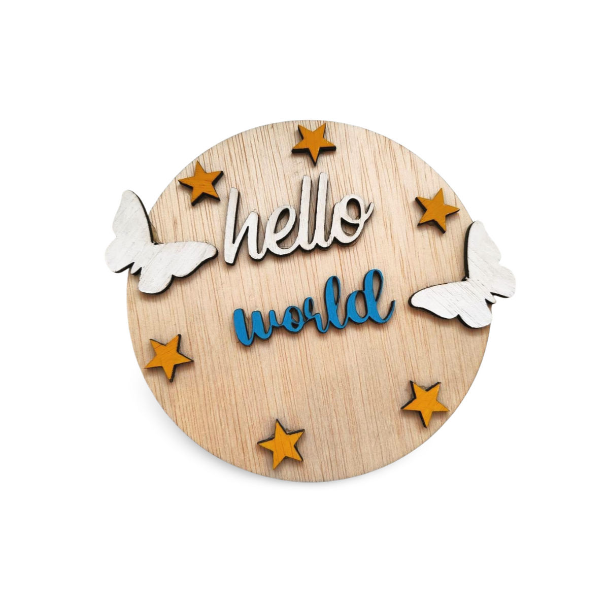 Placă din Lemn „Hello World” – Albastră pentru Băieței