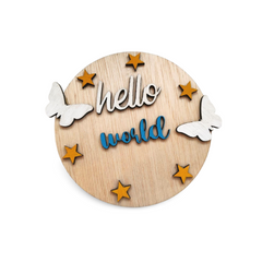 Placă din Lemn „Hello World” – Albastră pentru Băieței