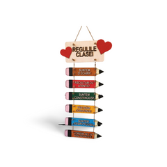 Plachetă din Lemn „Regulile Clasei” – Decor Educativ cu Creioane Suspendate