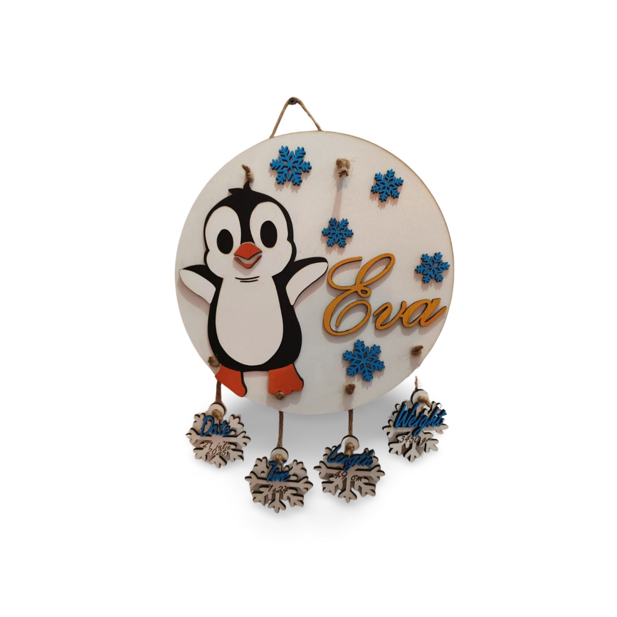 Plachetă Personalizată din Lemn – „Penguin Snow Memories”