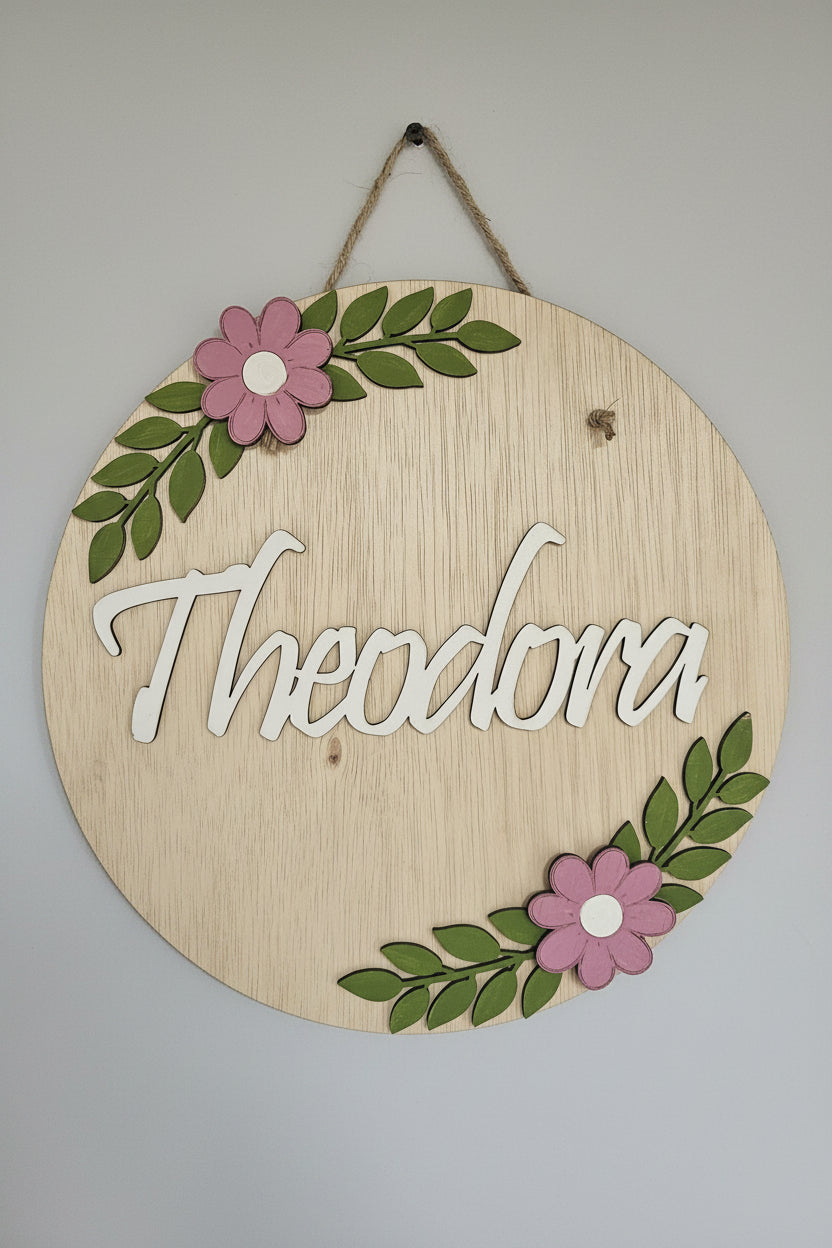 Plachetă Personalizată din Lemn – „Flowers & Leaves”