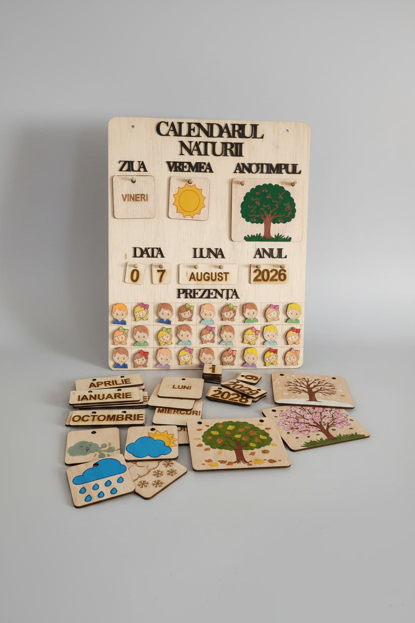 Calendarul Naturii din lemn cu Prezență – Material educațional interactiv pentru grădiniță 🌳☀️